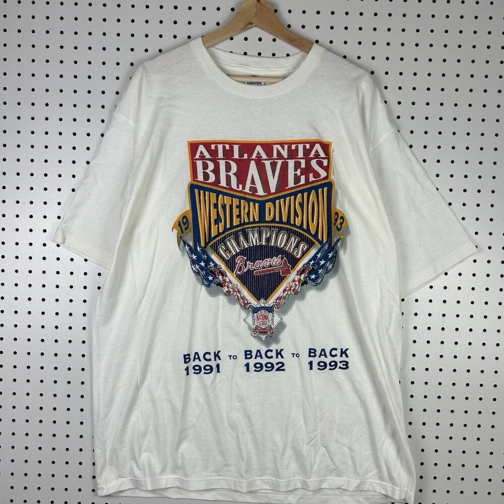 Atlanta Braves Western Division‎ Champions XL T Shirt USA Vtg 90s Back Back Back